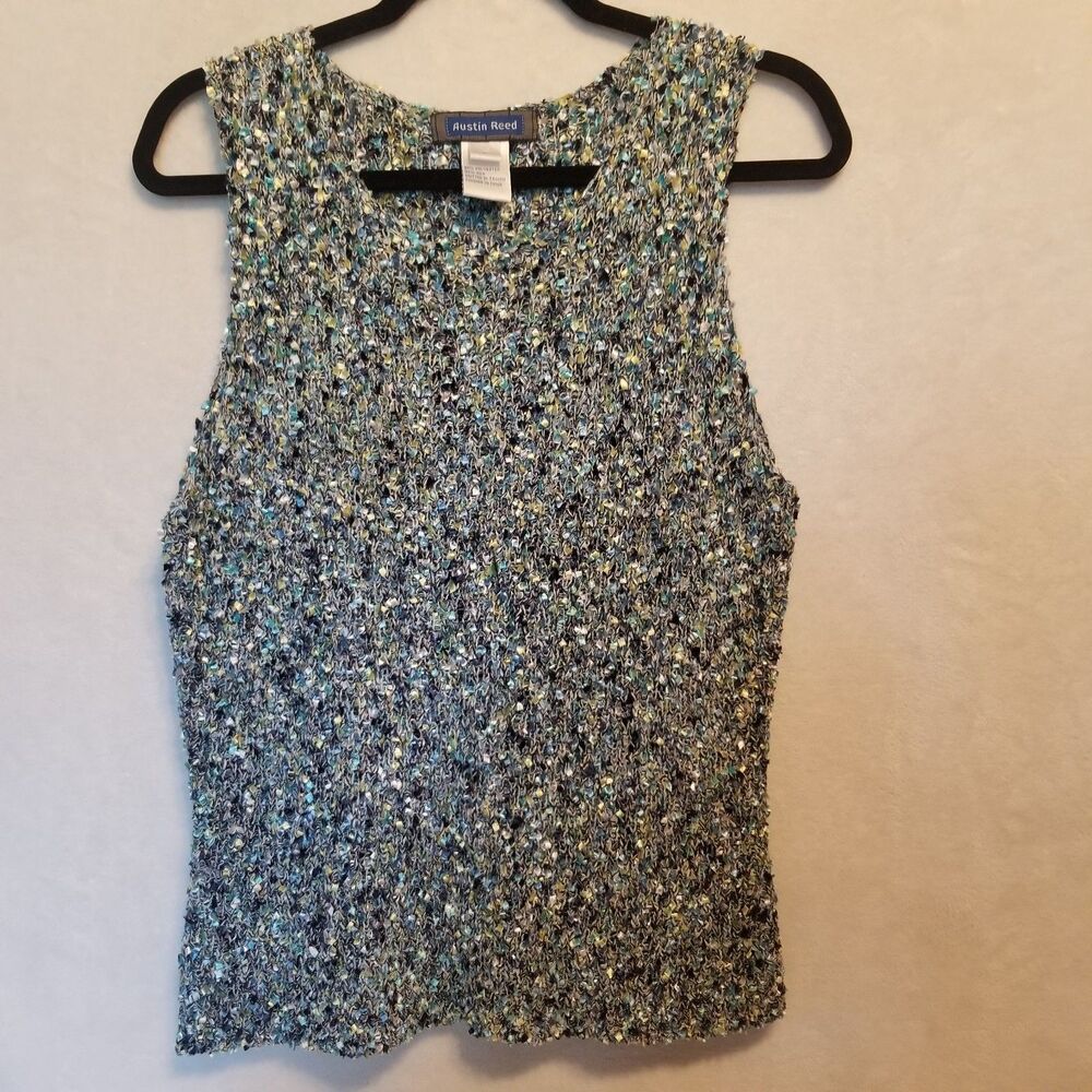 Austin Reed L Tank Shell Blue Silk Blend Knit Confetti Stretch Layering Feminine